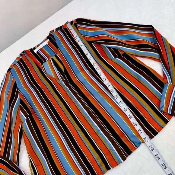 ASTR The Label Doreen Orange Multi Striped Satin Button-Up Long Sleeve Top Sz XS - Picture 9 of 10